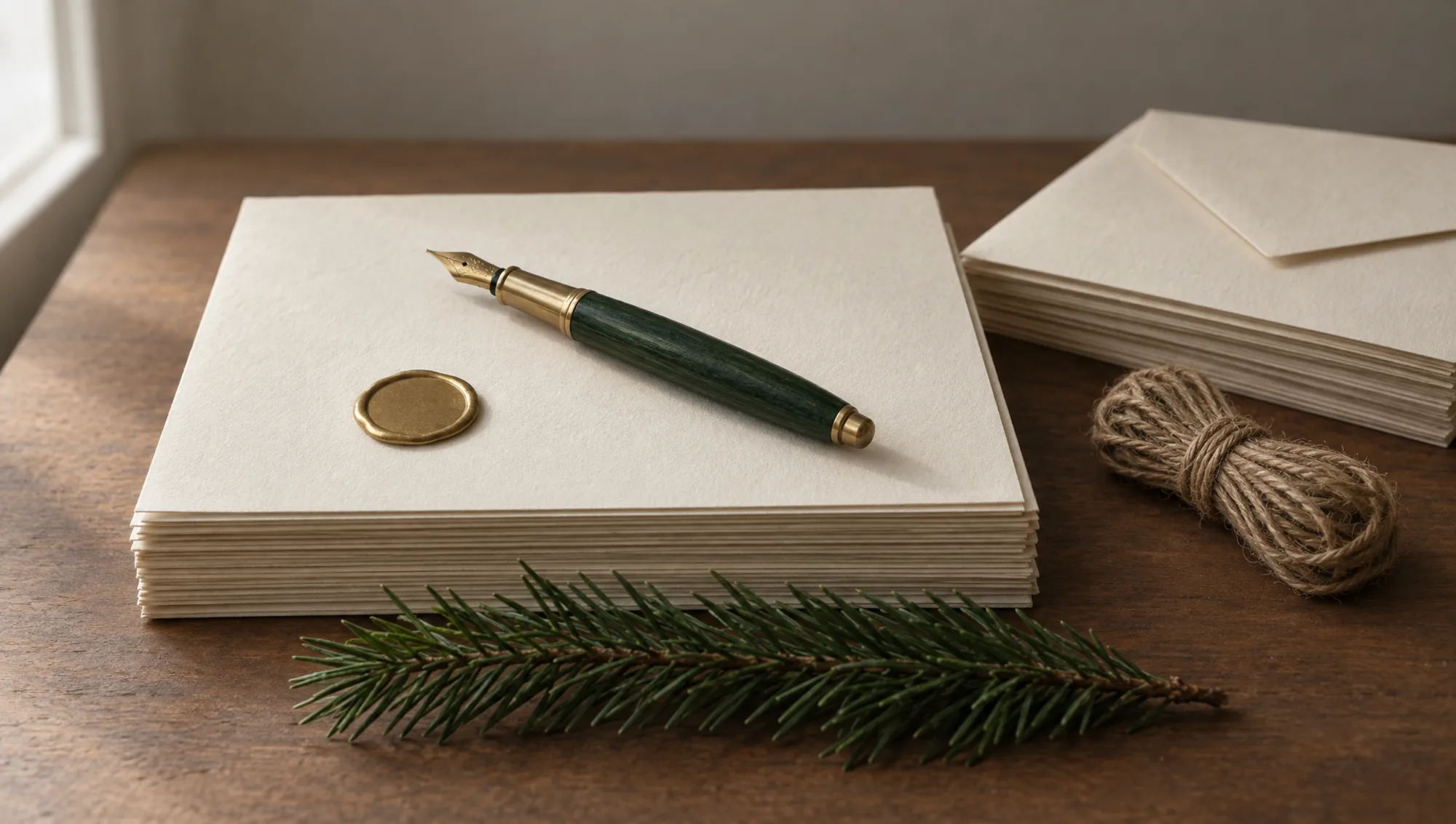 A stack of cream cotton writing paper with a green-handled fountain pen and a brass seal, tied with twine and a sprig of pine.