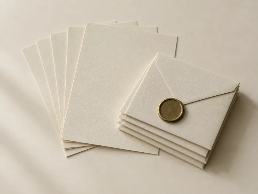 Five sheets of cream cotton writing paper fanned out with a stack of matching envelopes and a brass wax seal.