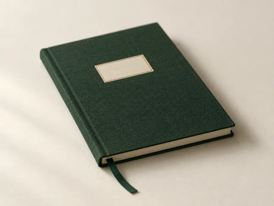 A closed A5 notebook in deep green linen with a blank cream label on the cover.