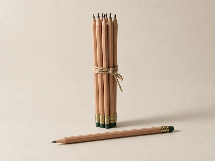 Six plain unfinished cedar pencils tied in a bundle with paper twine, one pencil lying loose in front.